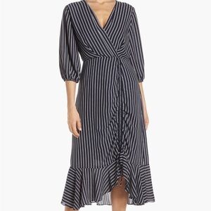 Chelsea28 pinstripe rusched dress dark blue and white